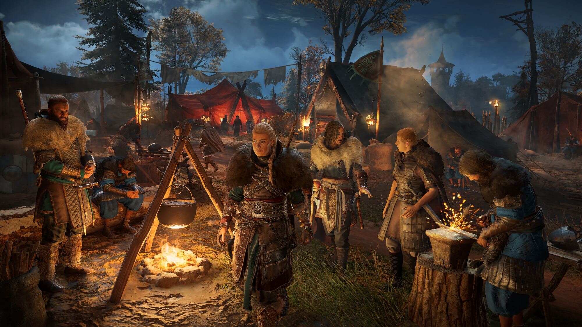 Assasins Creed Valhalla: Protagonistin Eivor läuft durch ein Norweger-Camp