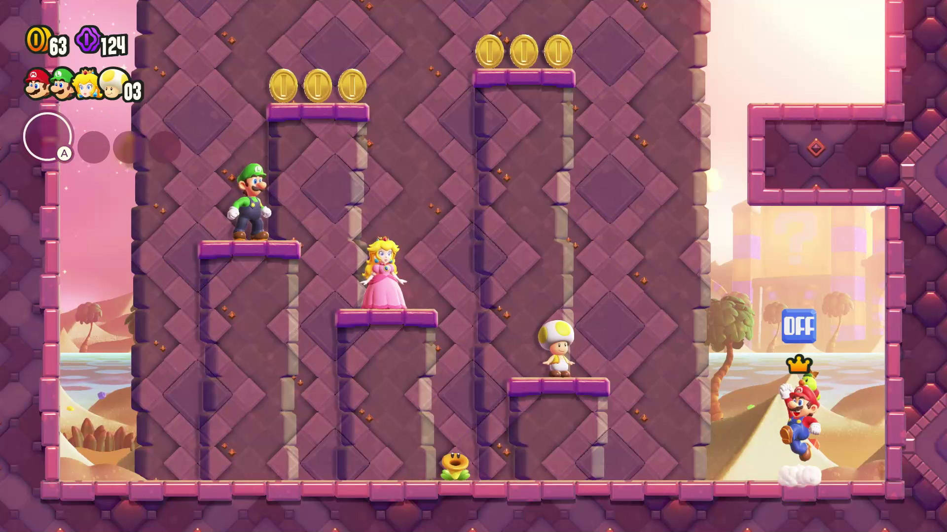 Super Mario Bros. Wonder: Im Koop-Modus können sich Mario und seine Freunde gegenseitig helfen.
